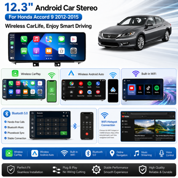 Honda Accord 7 Generation 2004-200716+512GB Crystal Sound Android 14 Car Radio Player 12.3 Inch 4K Screen DSP