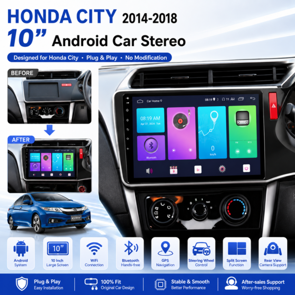 10inch Android 13 for HONDA CITY  Multimedia Stereo Car DVD Player Navigation GPS Radio