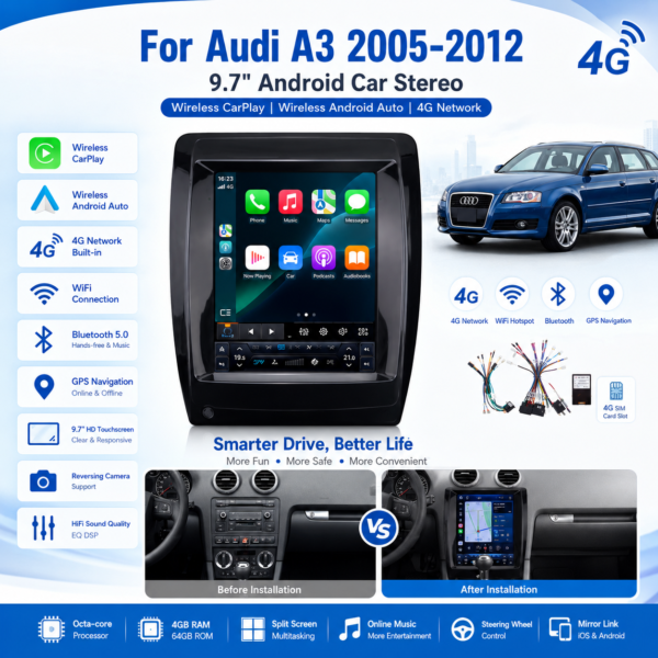 05-12 or AUDI A3 2005-2024 8 Core Android14 Auto Carplay OLED 4K Dashboard TV Factory Price Car Video Player Multimedia GPS Navigation