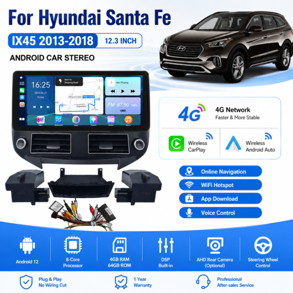 for Hyundai SantaFe IX45 2013-2018 16+512GB Crystal Sound Android 14 Car DVD Radio Player 12.3 Inch Multimedia touch Screen navigation