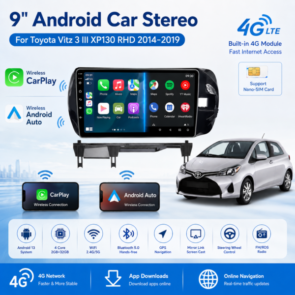 9" 2DIN Android Car Entertainment System for Toyota Vitz XP130 2014-2019 9inch Android13 Full Touch Wifi Gps Radio Video Car Dvd Player with Apple Carplay