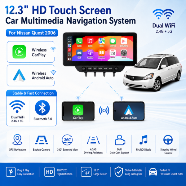 12.3-inch Car Multimedia Displayfor Nissan quest 2006 12.3'' Touch Screen 8 Core 4G WIFI Stereo Player Carplay Android Auto GPS Navigation Car Radio