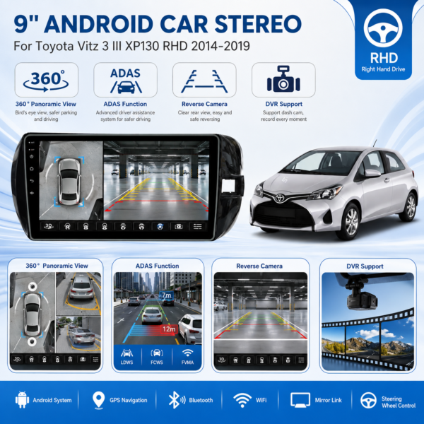 9" 2DIN Android Car Entertainment System for Toyota Vitz XP130 2014-2019 9inch Android13 Full Touch Wifi Gps Radio Video Car Dvd Player with Apple Carplay