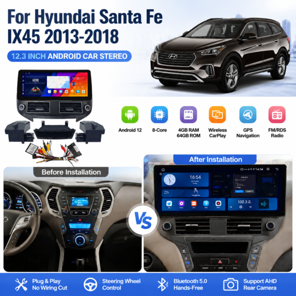 for Hyundai SantaFe IX45 2013-2018 16+512GB Crystal Sound Android 14 Car DVD Radio Player 12.3 Inch Multimedia touch Screen navigation