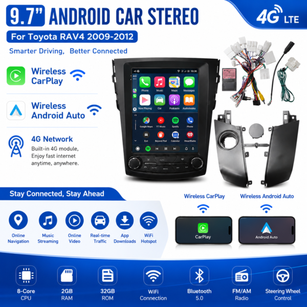 Android Touchscreen Display for Toyota RAV4 2009-2012 12.3" /9.7inch 8 Core Android 12 Car Multimedia Player Radio GPS Navigation CarPlay WiFi 4G LTE BT Touch Screen