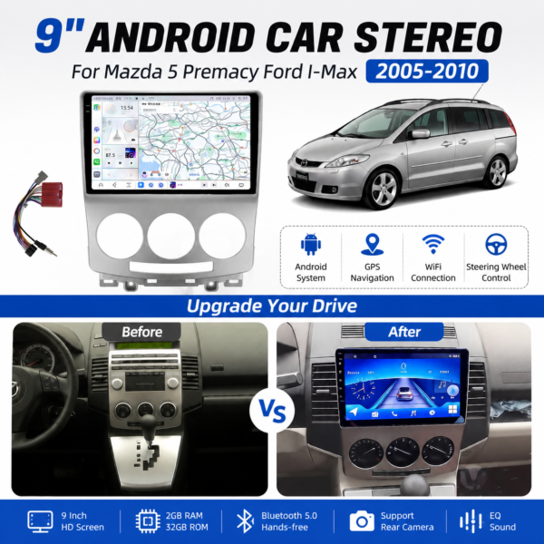 for Mazda 5 2005-2010 9 Inch Android 14.0 Wifi Google Play IPS Navigation Car Stereo Multimedia Player Car Stereo Head Unit