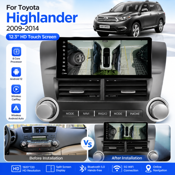 for Toyota Highlander 2009-2014 Stereo Android 12.3 Inch CarPlay DSP AHD 4G DVD Gps Audio Radio Player car navigation