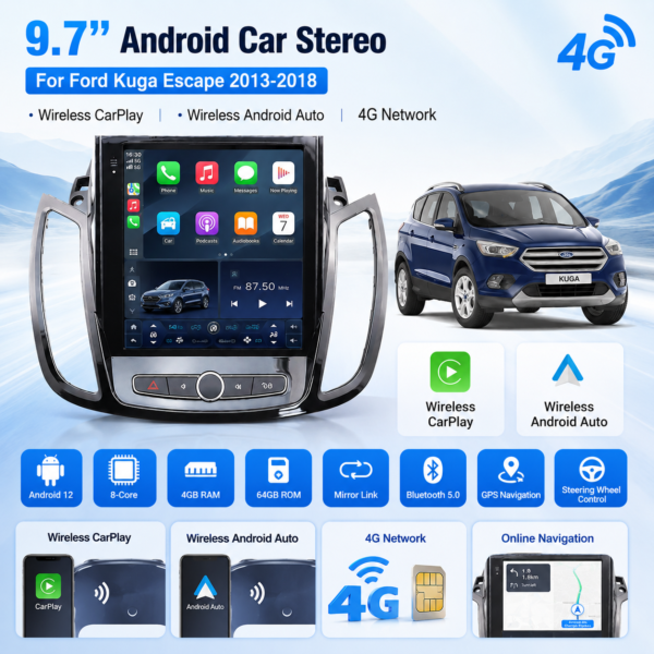 for Ford Kuga 2013-2018 9.7 Inch Android 13 Car Multimedia Player Radio Touch Screen Carplay Android Auto  GPS Navigation Stereo