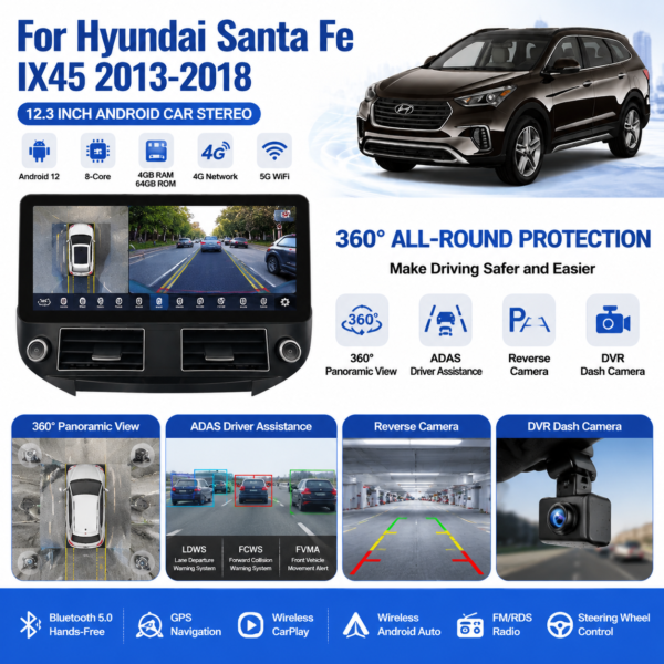 for Hyundai SantaFe IX45 2013-2018 16+512GB Crystal Sound Android 14 Car DVD Radio Player 12.3 Inch Multimedia touch Screen navigation