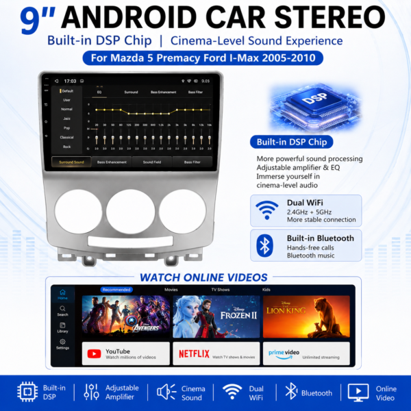 for Mazda 5 2005-2010 9 Inch Android 14.0 Wifi Google Play IPS Navigation Car Stereo Multimedia Player Car Stereo Head Unit